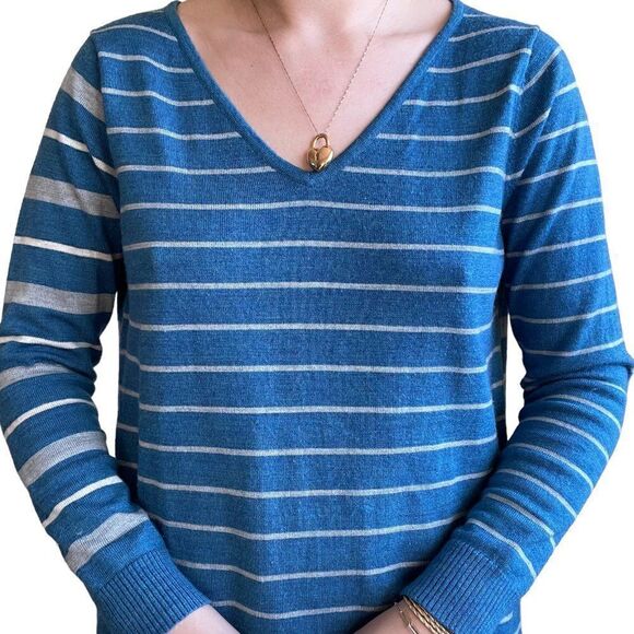Smartwool Womens Blue Gray Striped Merino Wool V Neck Lightweight Sweater Sz L - Picture 6 of 7